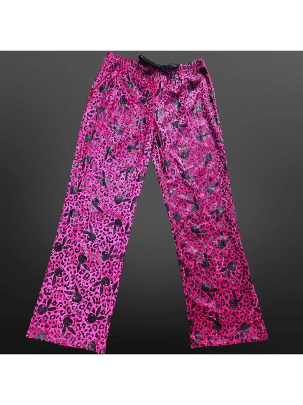 Vintage Y2K Playboy Pajama Pants Hot Pink Black Velvet Leopard Print Size L